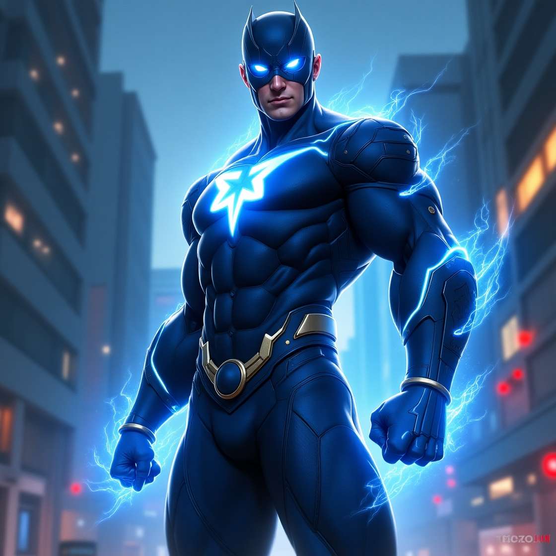 Superhero with lightning is looking at you