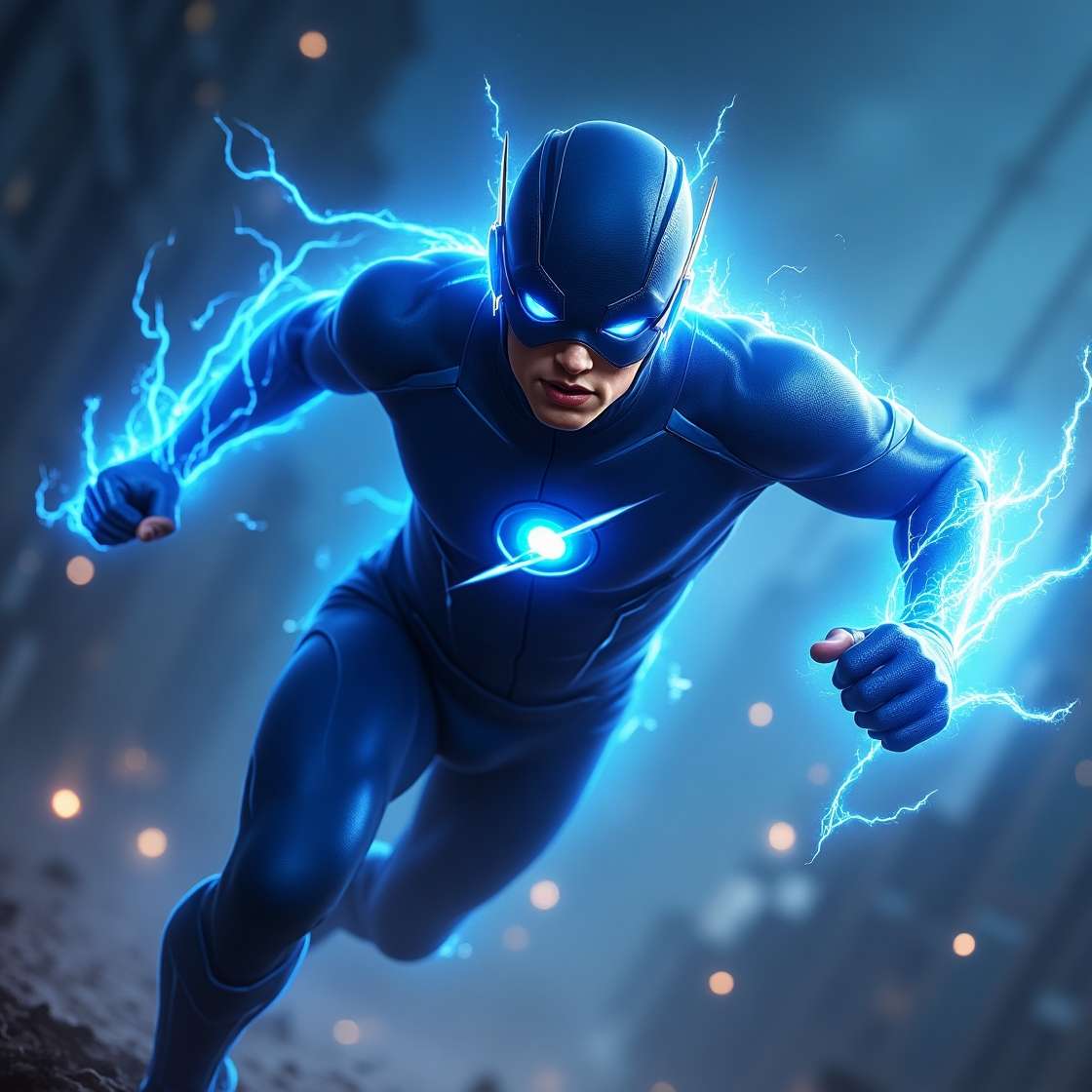 Superhero with lightning running down the street